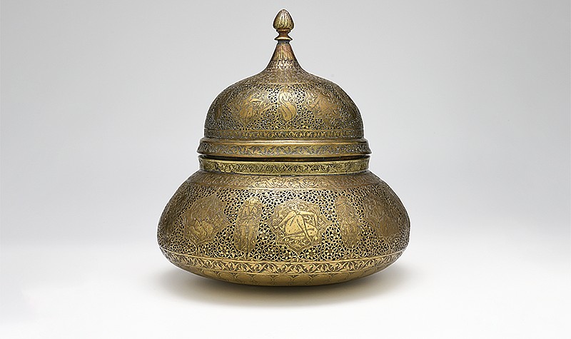 Iran, Qajar, <em>Covered Vessel</em>, c. 1860, brass. Gift of Drs. Joseph B. and Omayma Touma.