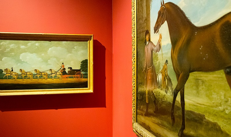 The Final Lengths of the Race for the Doncaster Gold Cup, 1826, John Frederick Herring, Sr., oil on canvas (left) A Bay Horse, Possibly Leedes, Led by a Groom, ca. 1715, John Wootton, oil on canvas (right), Collection of Mr. Paul Mellon