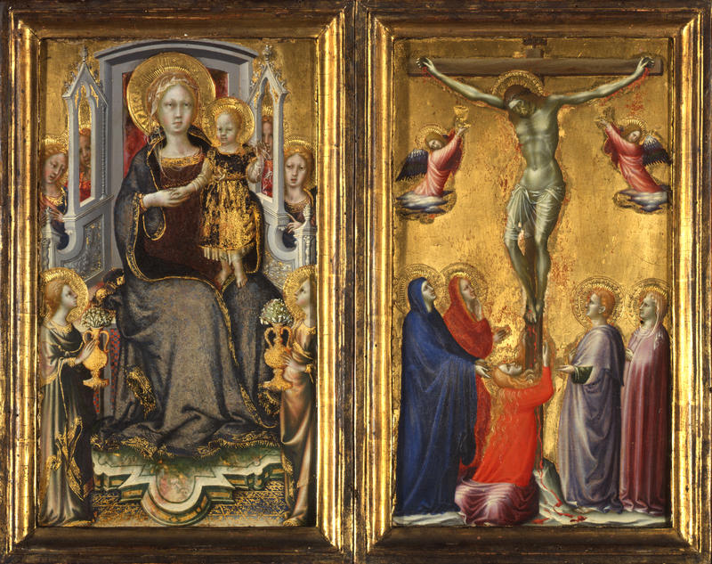 a renaissance painting by Arcangelo Cola da Camerino that depicts the madonna and the crucifixion of christ