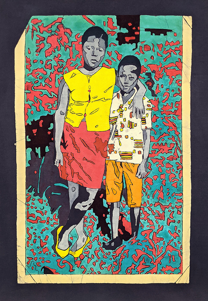 a colorful painting of two boys standing with their arms around each other