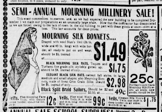 Advertisement for mourning bonnets