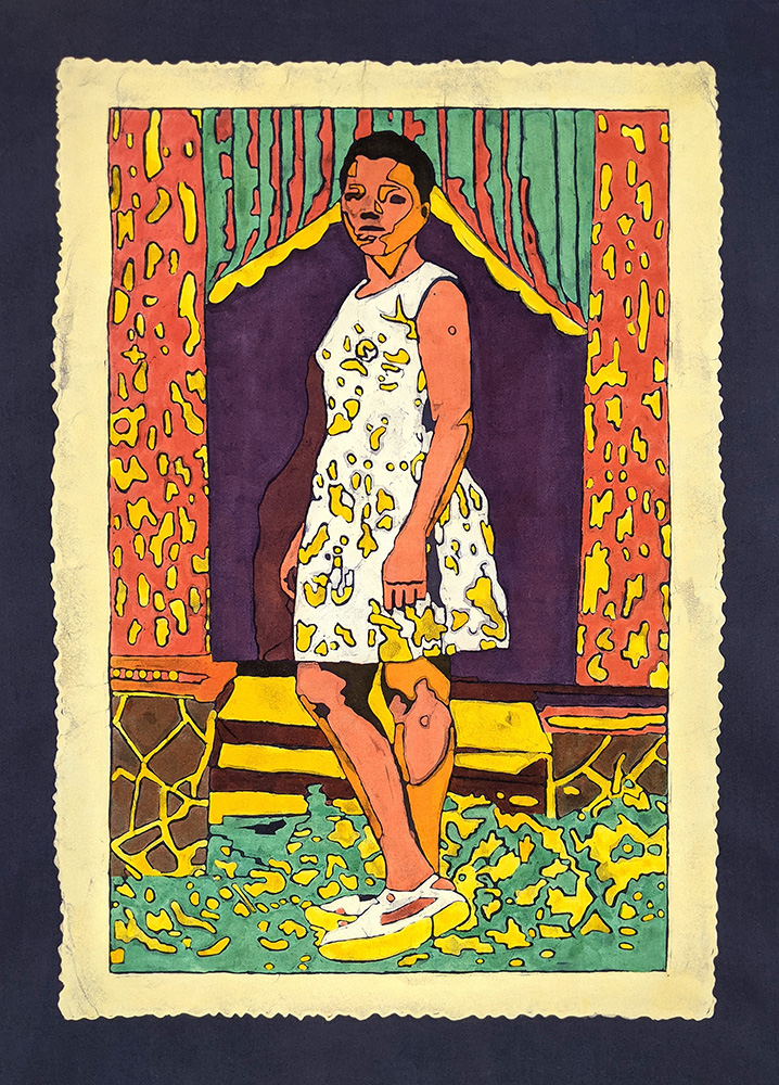 a colorful painting of a woman standing in a white and yellow dress