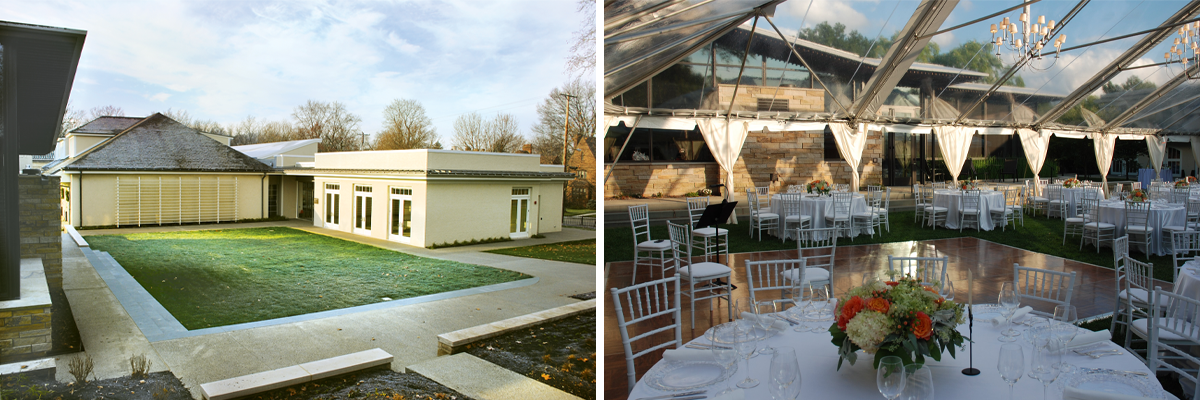 a photo of the community room courtyard empty and then a photo of it set up with a tent and tables