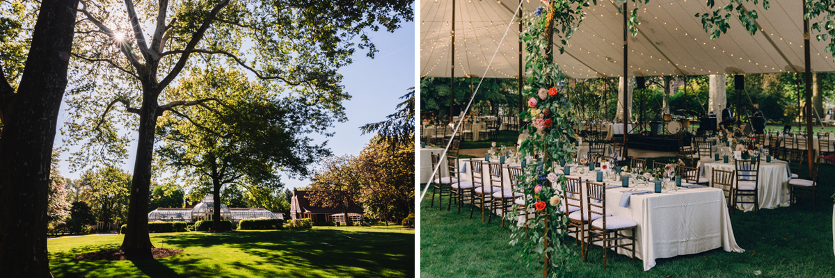 a photo of the empty great lawn and then a photo of it set up with a tent and tables