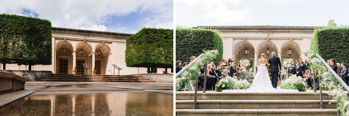 a photo of the exterior of the frick art museum and the a photo the terrace being used for a wedding ceremony