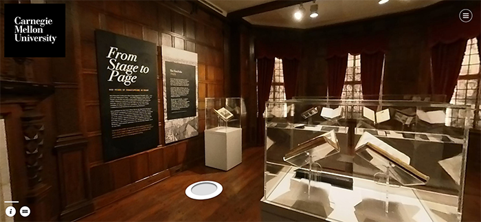 a screenshot of the cmu virtual tour of the stage to page exhibition on view in the frick pittsburgh's frick art museum
