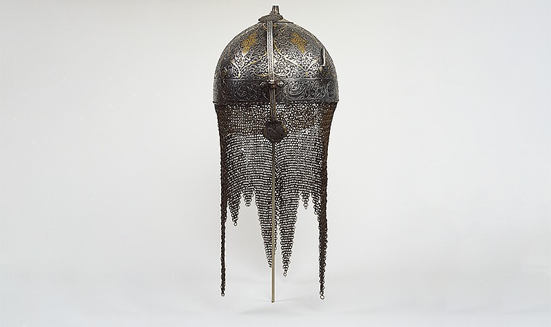 Iran, Qajar, <em>Helmet</em>, 1850-1900, steel damascened with gold and silver. Gift of Drs. Joseph and Omayma Touma and family.