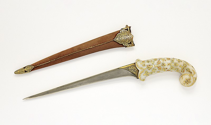India, Mughal period, <em>Dagger</em>, 18th century, Dagger (A): Steel, jade, stones, and gold. Scabbard (B): wood, textile, steel, and gold. Gift of Drs. Joseph and Omayma Touma and family.