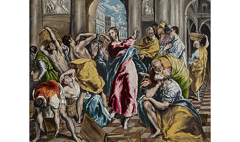 El Greco (Domenikos Theotokopoulos), <em>Purification of the Temple</em>, c.1600, oil on canvas, 16 1/2 x 20 5/8 in. (41.91 cm x 52.39 cm), The Frick Collection, New York; photo: Michael Bodycomb