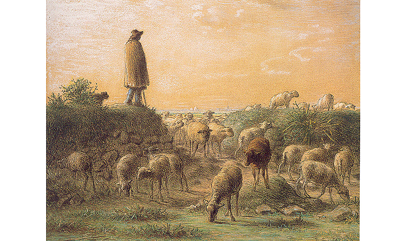 Jean-Francois Millet, French, 1814-1875, <em>Shepherd Minding His Sheep</em>, c. 1863-66. Pastel, Conte crayon, and pen and ink on dark buff wove paper, 14 3/4 x 19 in. Frick Art & Historical Center, Pittsburgh.