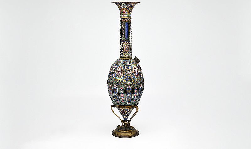 Iran, Qajar, <em>Huqqa Base</em>, 19th century, copper and painted enamel. Gift of Drs. Joseph B. and Omayma Touma.