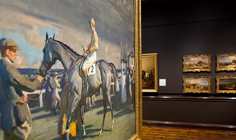 After the Race, Cheltenham Saddling Paddock, ca. 1946, Sir Alfred Munnings, oil on canvas, Collection of Mr. Paul Mellon