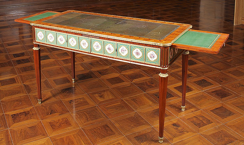 Martin Carlin (Germany, c. 1730-France, 1785), Writing Table, c. 1780. Mahogany, satinwood, oak, porcelain, ormolu and leather. Frick Art and Historical Center, Pittsburgh, 1985.325.