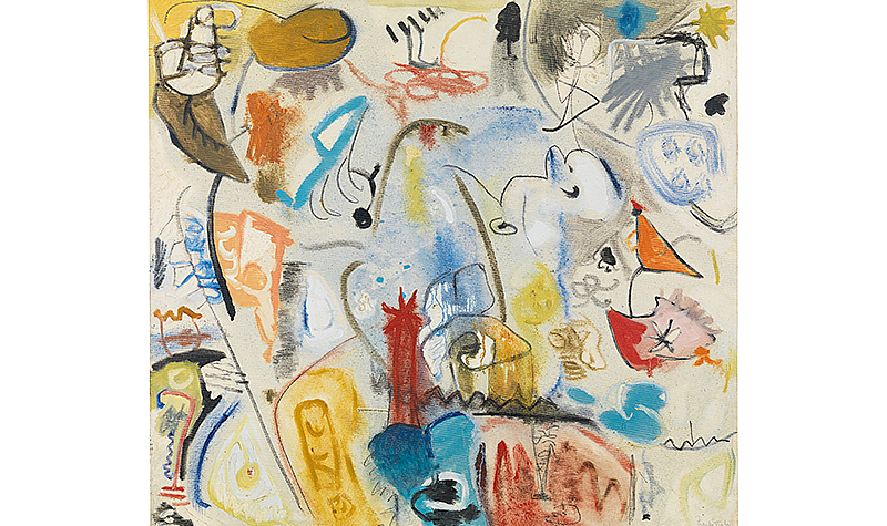 Helen Frankenthaler, Circus Landscape, 1951. Oil and charcoal on sized, primed canvas, 40  x 44 in. &copy; 2023 Helen Frankenthaler Foundation, Inc. / Artists Rights Society (ARS), New York. Courtesy of the Levett Collection and FAMM. Photo: Fraser Marr.