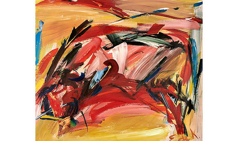 Elaine de Kooning, The Bull, 1959. Acrylic and collage on Masonite, 30 1/2  x 35 1/4 in. &copy;  Elaine de Kooning Trust. Courtesy of the Levett Collection and FAMM. Photo: Fraser Marr.