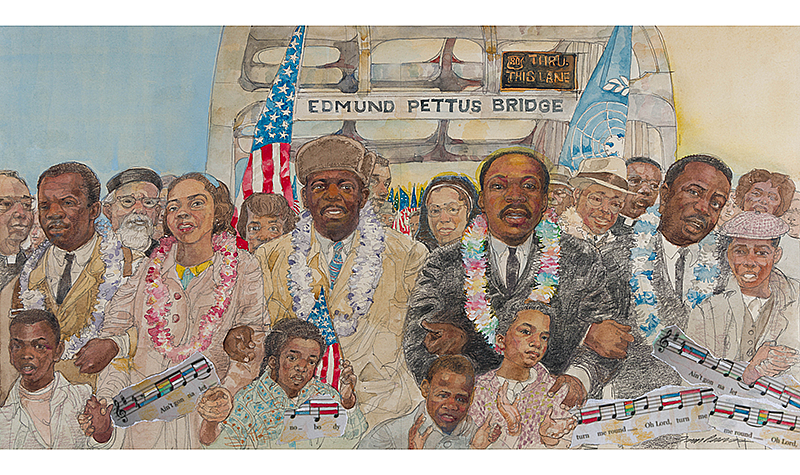 Jerry Pinkney (1939-2021). They All Knew More Battles Lay Ahead, 2019. Watercolor, colored pencil and collage on paper. 14 1/8 x 24 3/4 in. (sheet).