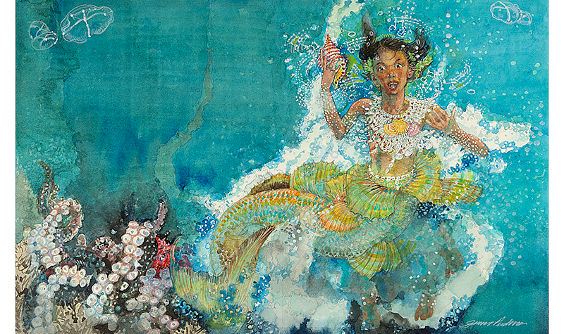 Jerry Pinkney (1939-2021). She Opened her Mouth, and Such a Beautiful Song Came Out that the Coral Sprang Back to Life, 2020. Graphite and watercolor on Arches cold-pressed paper. 15 x 22 1/2 in. (sheet).