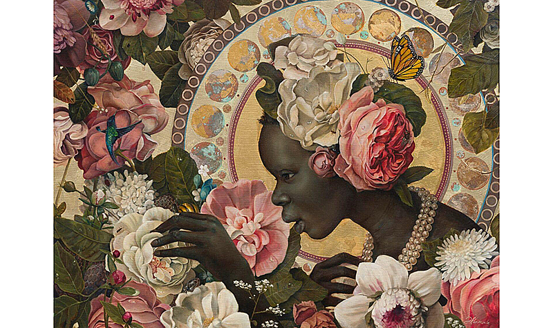 Harmonia Rosales. Beyond the Peonies, 2021. Oil on wood panel and canvas, 36 x 48 in.