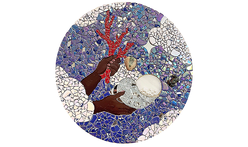 Marie-Jose Njoku-Obi. The Unknown Attendant (Unrequited). Mixed Media, Glass on Wood, 18 x 18 in.