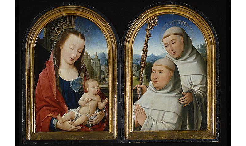 Jean Bellegambe. Virgin and Child with Rosary, St. Bernard with Cistercian Monk, Guillaume Bollart with the Abbess of Flines, Jeanne de Boubais on the reverse, 16th Century. Oil on panel, 15 7/8 x 20 in. (40.3 x 50.8cm). The Frick Pittsburgh.