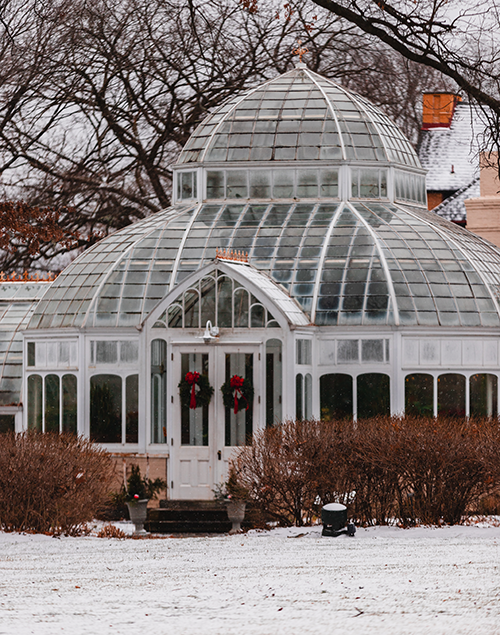 a greenhouse surrounded by a dusting of snow