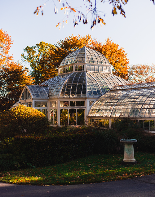 the exterior of a historic greenhouse surrounded by fall foliage