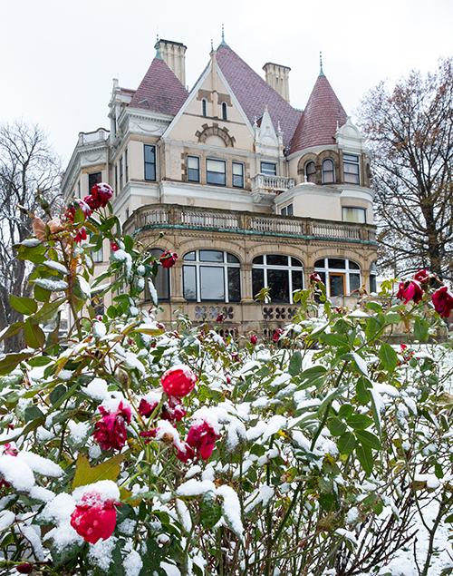 exterior view of a gilded age mansion, with show covered bushes in the foreground
