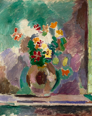 An abstract painting of a vase full of flowers