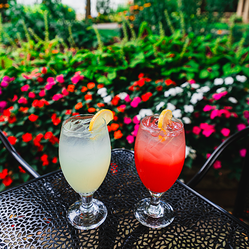 a pink lemonade and regular lemonade sit on an outside table in front of colorful gardens